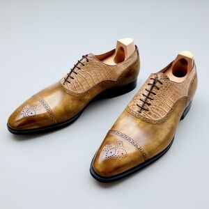 Maison Koly X Enzo Bonafe Magnat Oxfords Khaki Museum Calf leather and Alligator